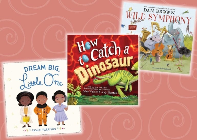 Three children's books, considered some of the best books for 4-year-olds, are displayed against a pink, swirly background.