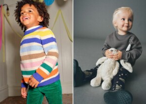The image is divided into two sections. The left side showcases a smiling child in colorful striped best boy clothes, including a sweater and dark green pants. The right side features a seated child holding a stuffed rabbit, dressed in a dark sweater and patterned pants.