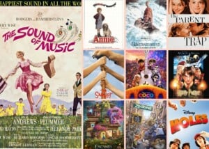 A collage of ten movie posters. Each poster showcases the film's title and main characters, perfect for a movie night with best family movies.