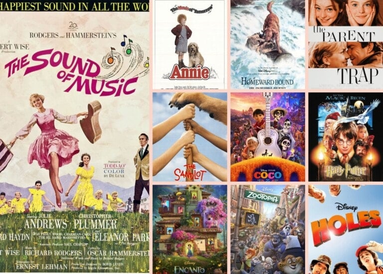 A collage of ten movie posters. Each poster showcases the film's title and main characters, perfect for a movie night with best family movies.