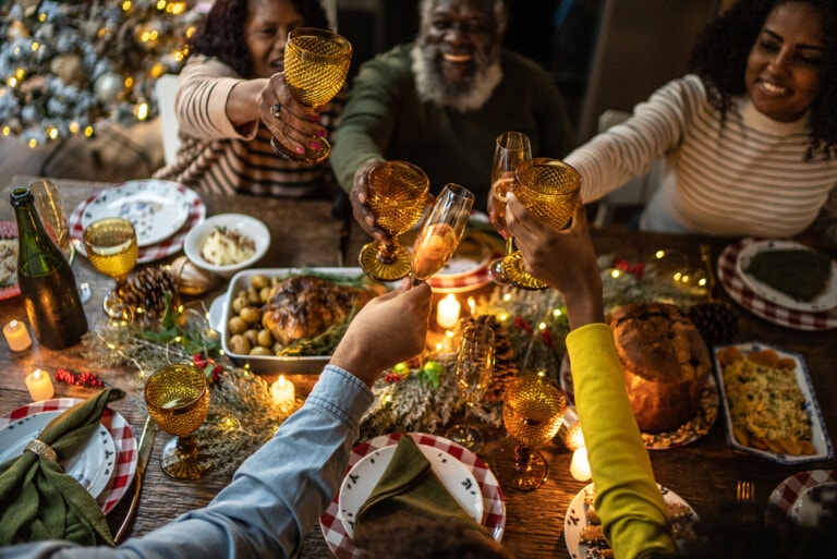 A group of people sit around a festive dinner table, raising their glasses for a toast. The table is adorned with candles, holiday decorations, roasted turkey, vegetables, and other dishes. The atmosphere appears warm and celebratory as everyone enjoys the moment while respecting boundaries with family.