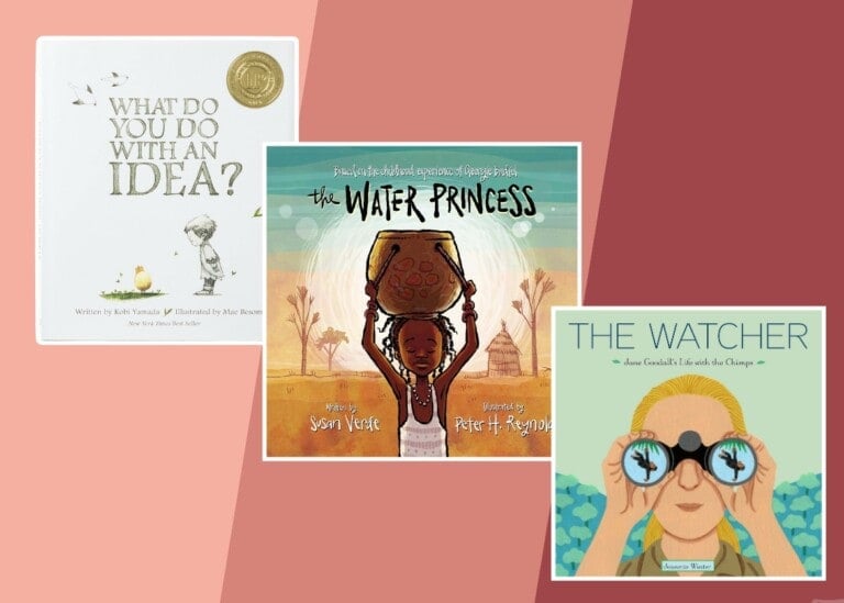 Image of three book covers. These engaging books for first graders are displayed against a two-tone pink background.