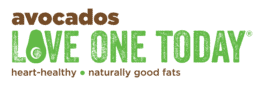 The image features a green text saying "avocados LOVE ONE TODAY" with the additional text "heart-healthy • naturally good fats" below in a smaller font. The word "avocados" is in brown, while the rest of the text is in green on a green background, promoting healthy eating habits.
