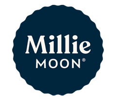 The image shows the logo of "Millie Moon Luxury Diapers." The logo features the company name in white text on a dark blue circular background. The word "Millie" is written in a larger font above the phrase "Luxury Diapers," which is in all capital letters.